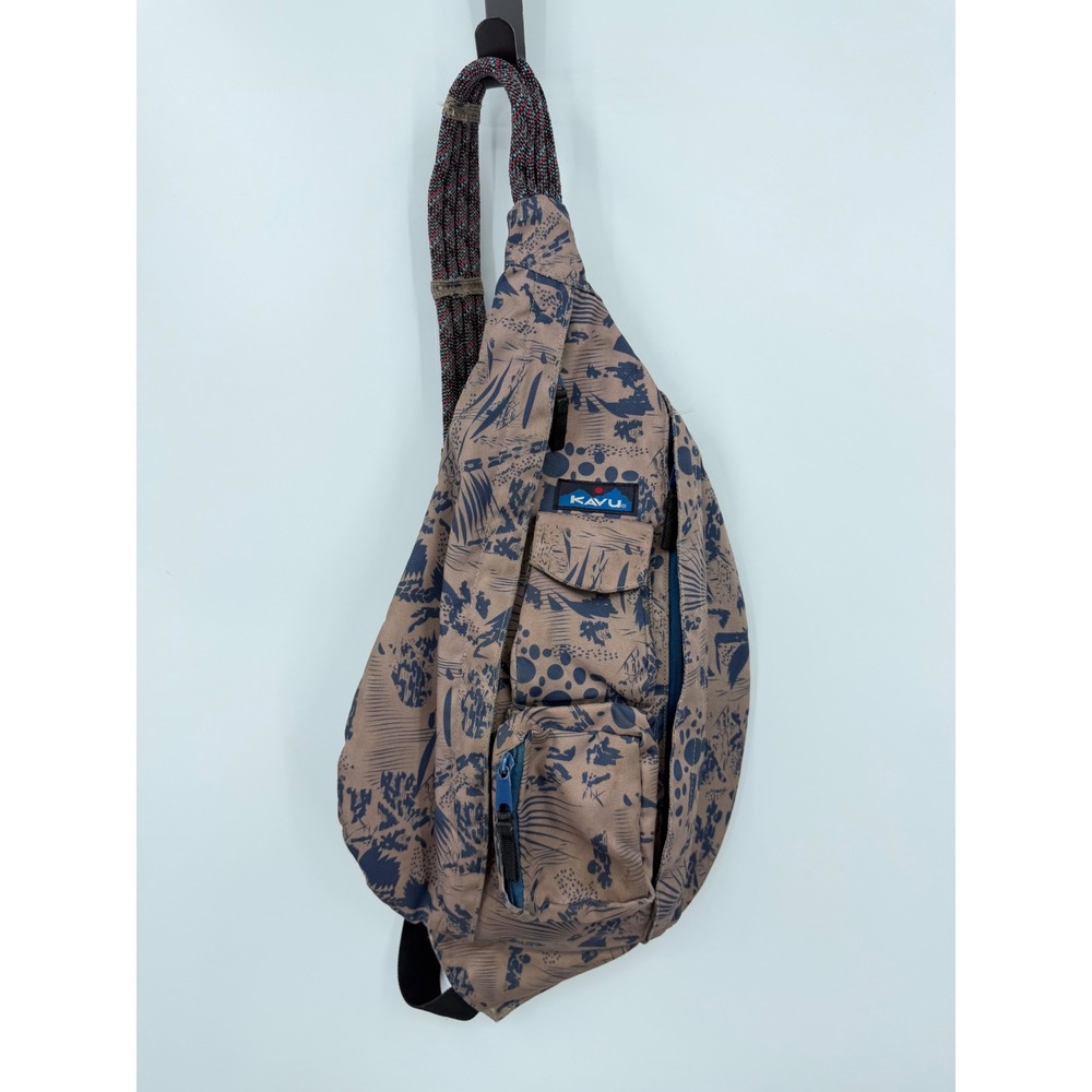 KAVU Rope Bag Sling Backpack Women OS Tan Blue Abstract Print Canvas Crossbody